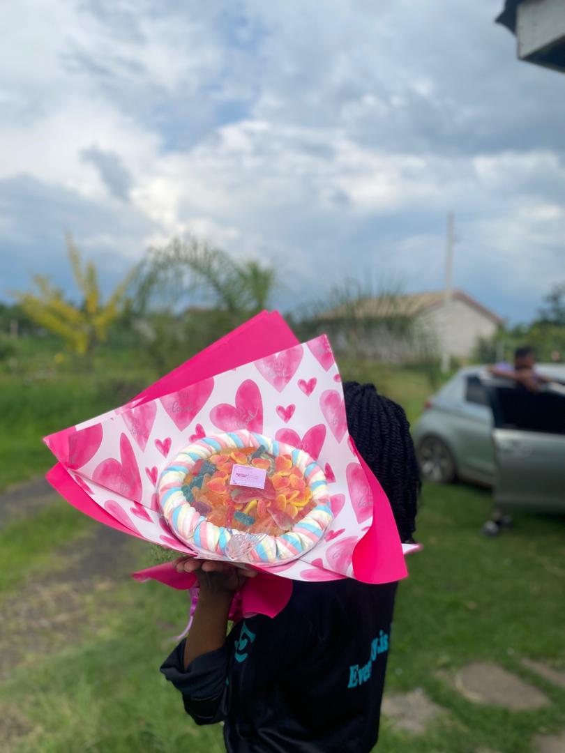 A bouquet held aloft